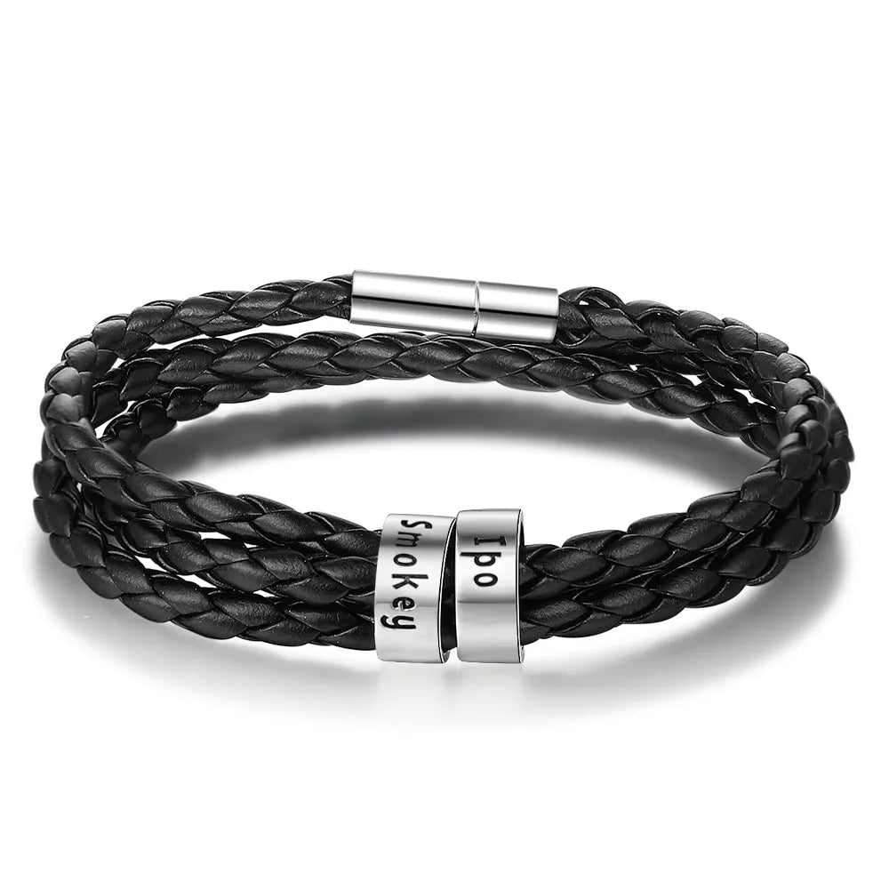 Bracelet personnalisé cuir et perles avec prénom gravé